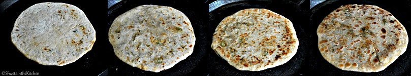 Step by step photos showing how to cook the stuffed paratha on a griddle.