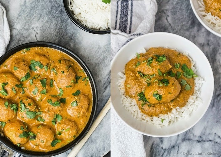 Two photos of dum aloo. Some in a skillet ready to serve and some served on a plate on top of rice 