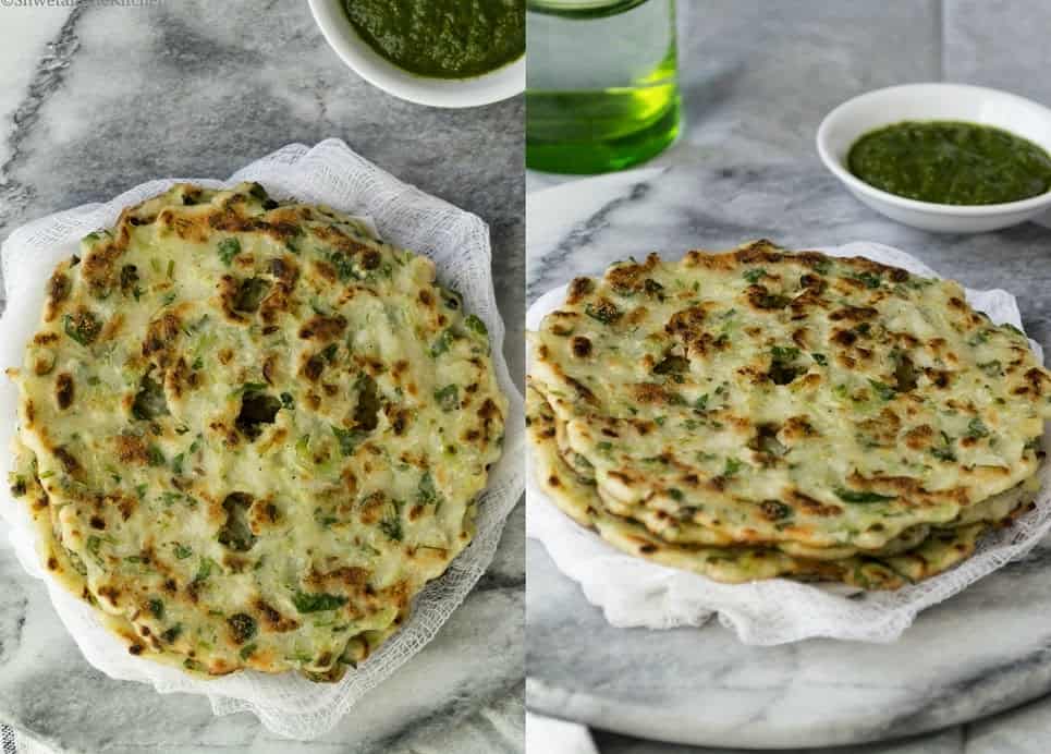 Two photos of cucumber thalipeeth served on folded cheesecloth.