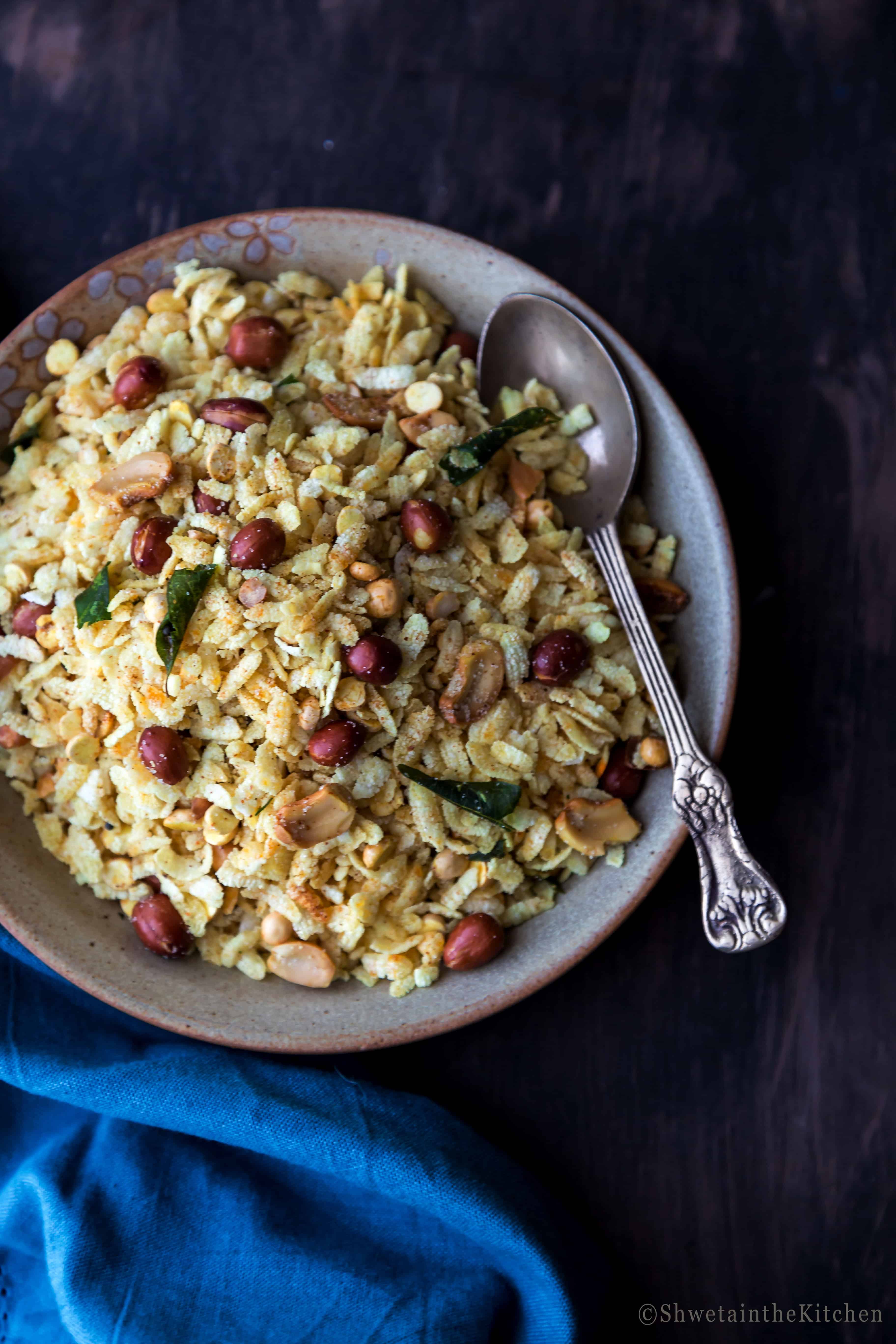 Poha Chivda on plate with spoon