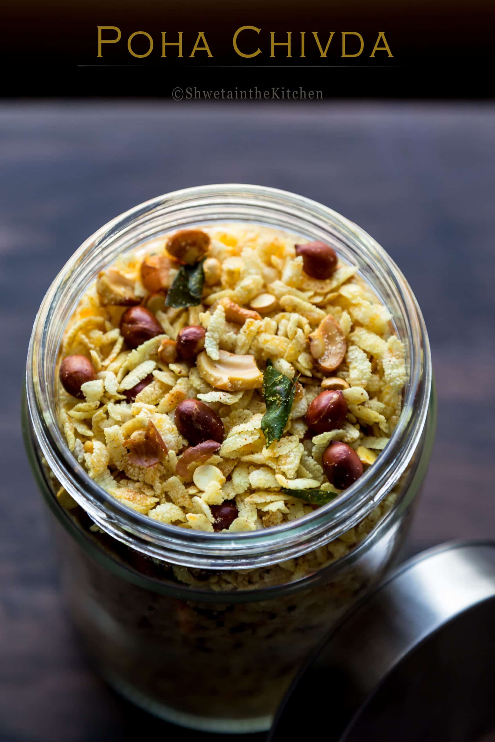 Close up of Thick Poha Chivda in a jar