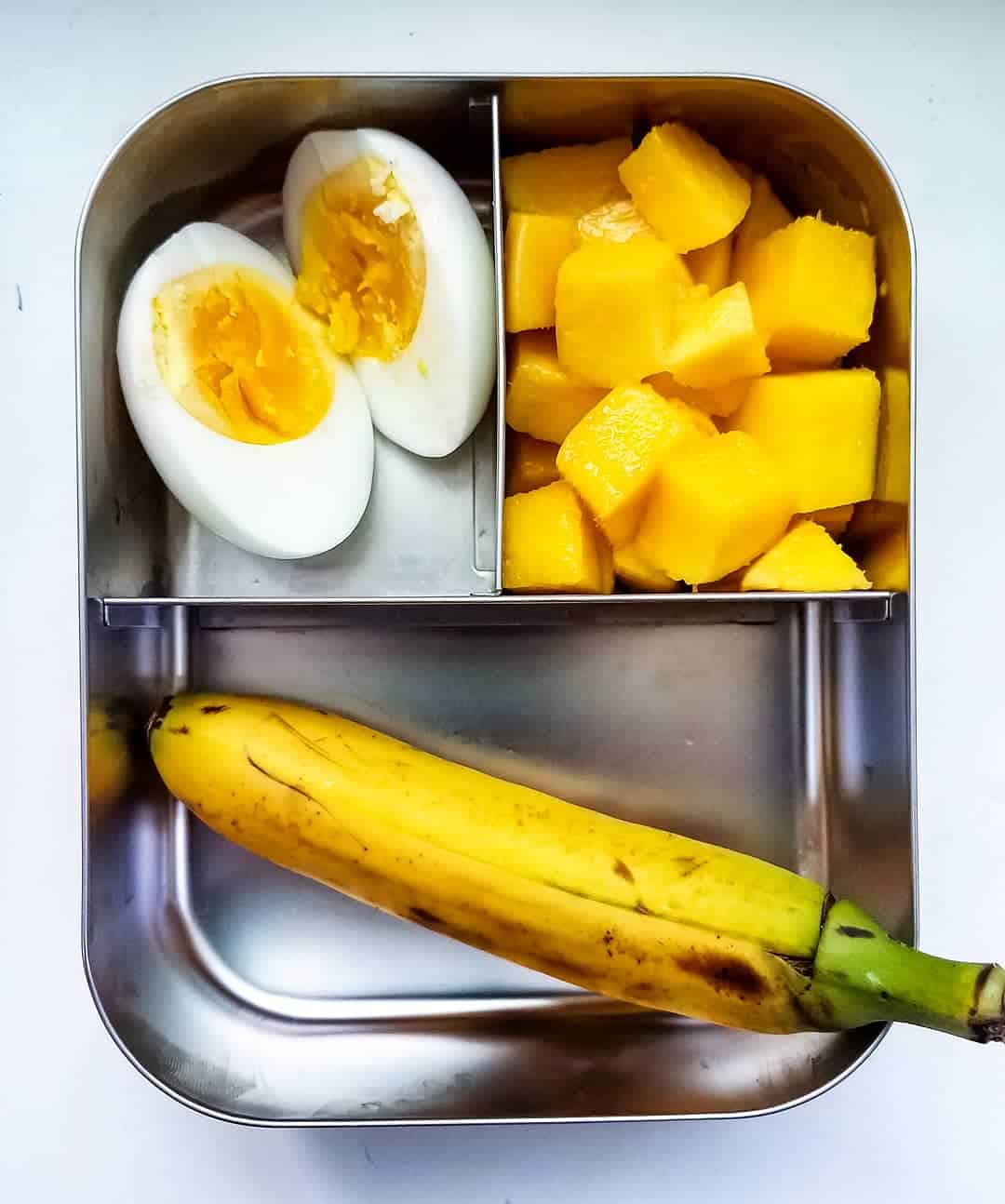 Boiled Egg, baby banana and mango cubes