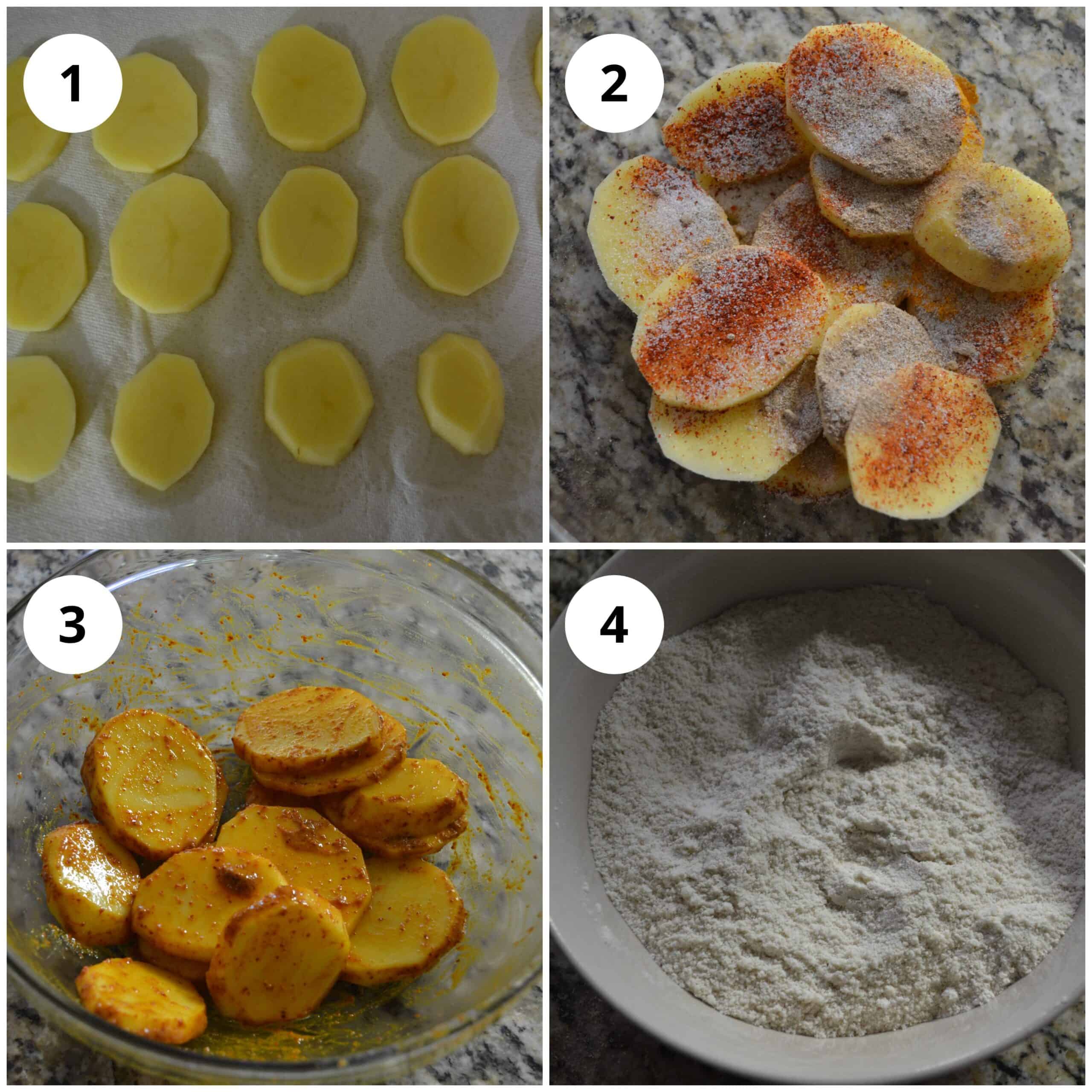 Four photos to show slicing of the potato chips and coating them in spices