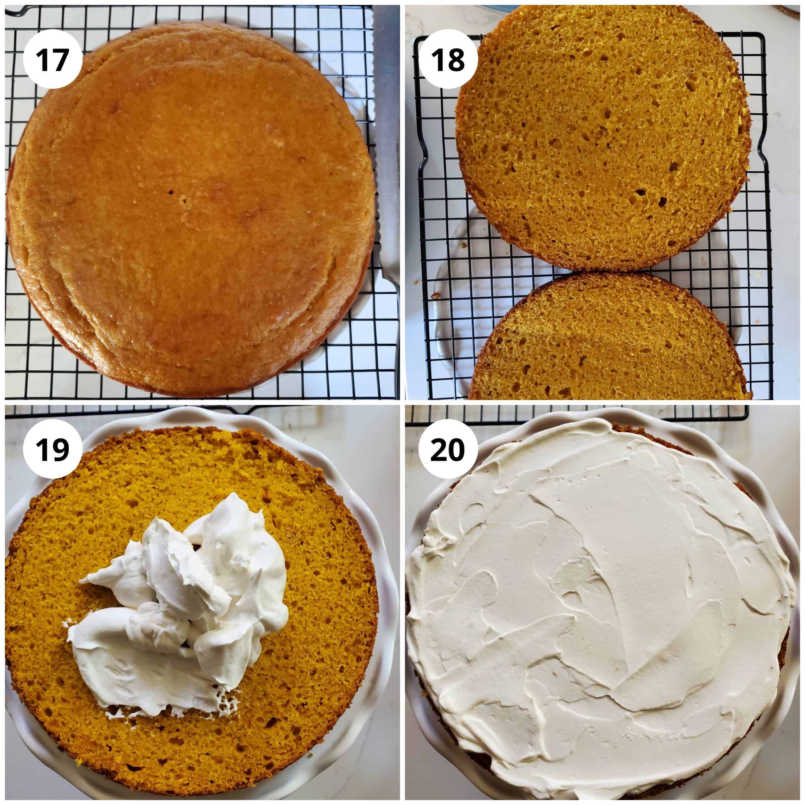 To assemble cake, cut it in half horizontally and add whipped cream to bottom layer and spread. 