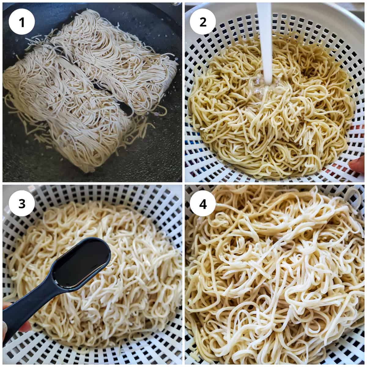 Step wise pic of boiling, straining noodles and coating with oil