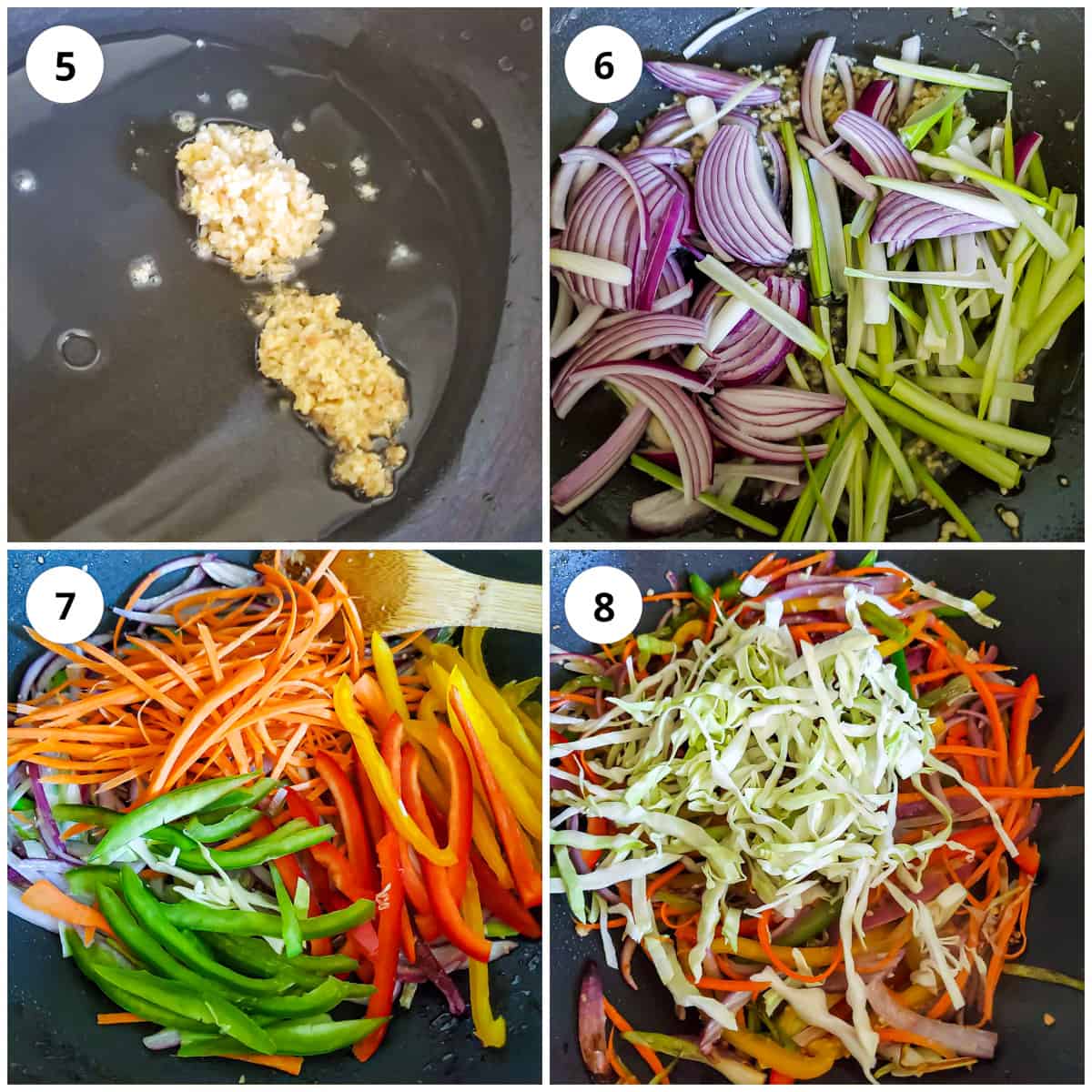 Step wise pic for making hakka noodles recipe, adding aromatics and veggies