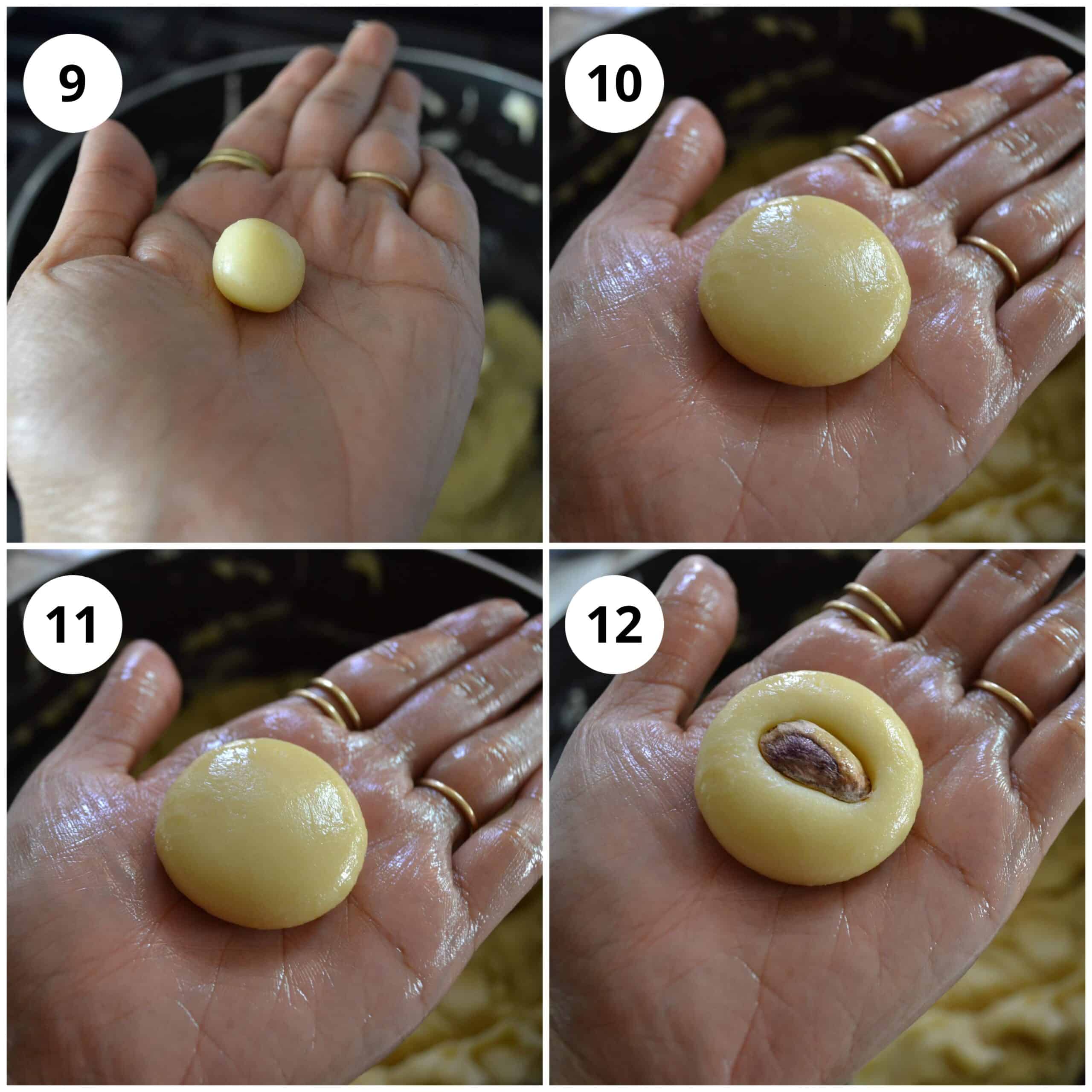 Four photos to show how to roll the dough into milk peda