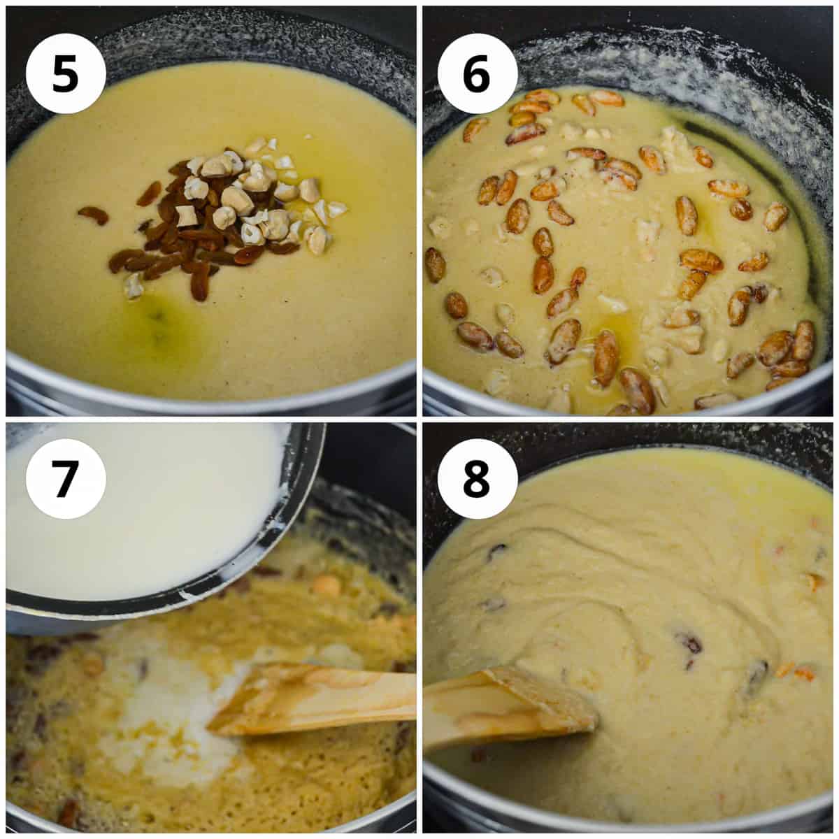 Step by step photos to show adding dried fruits to the rava