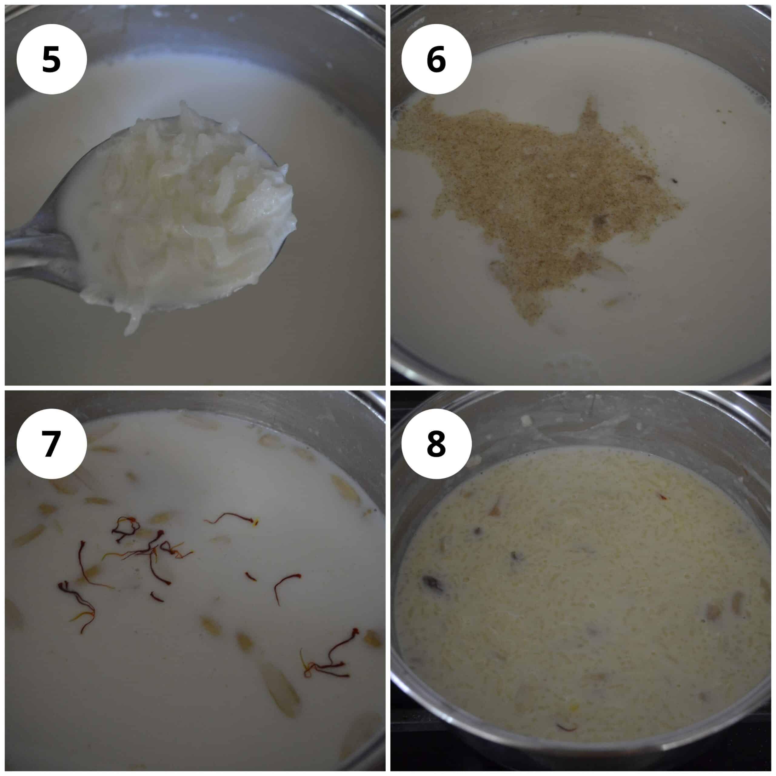 Four photos to show how to make rice kheer on the stovetop in a pot