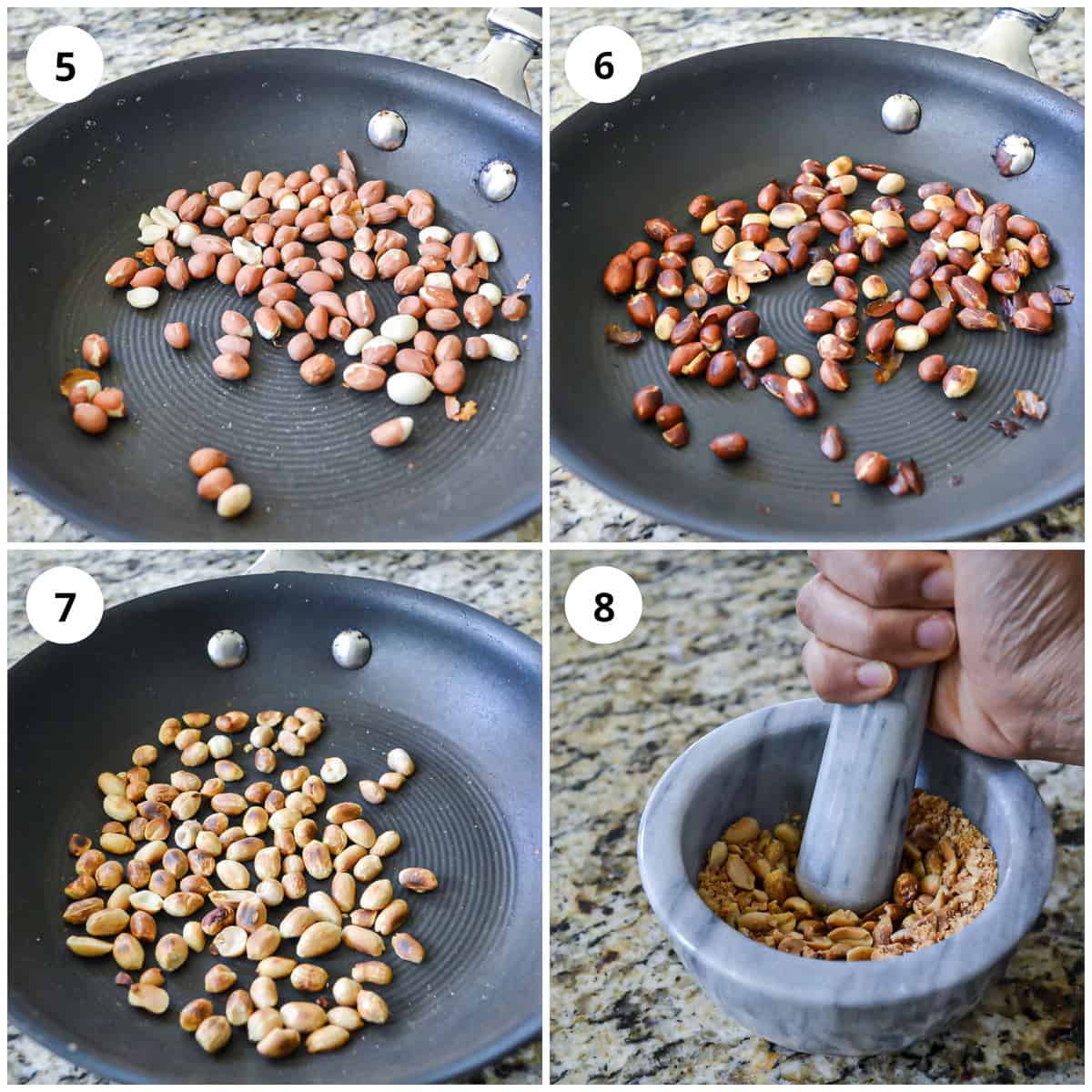 Roasting the peanuts in a frying pan and crushing them by hand in a pestle and mortar