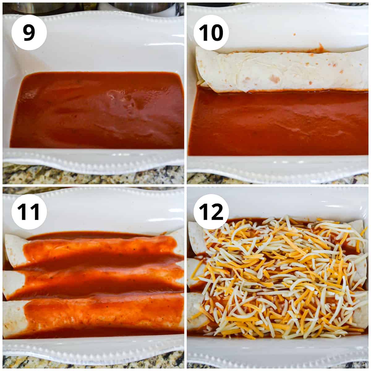 Step by step photos to show how to place the tortillas and sauce in a baking dish