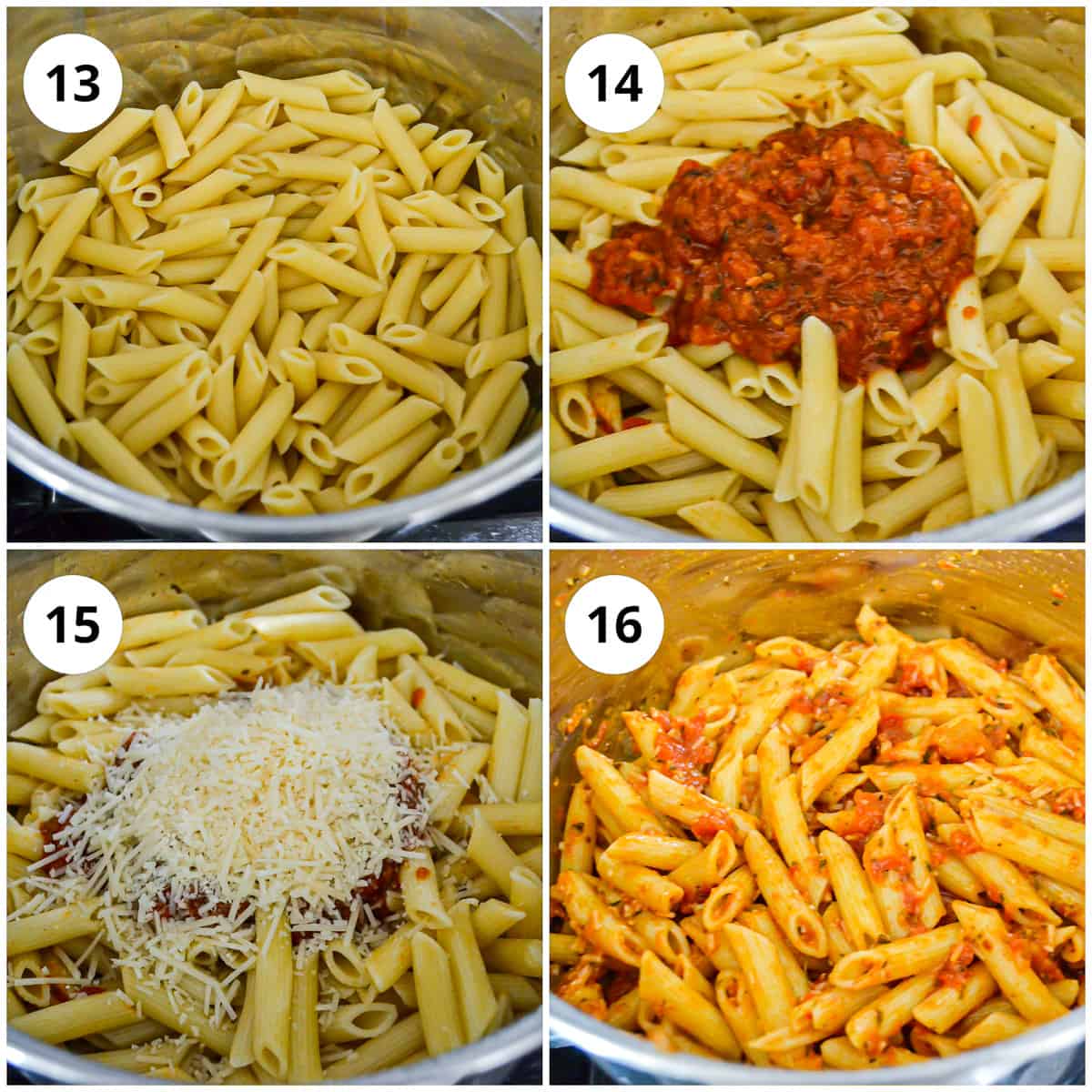 Four photos to show how to make pasta arrabbiata