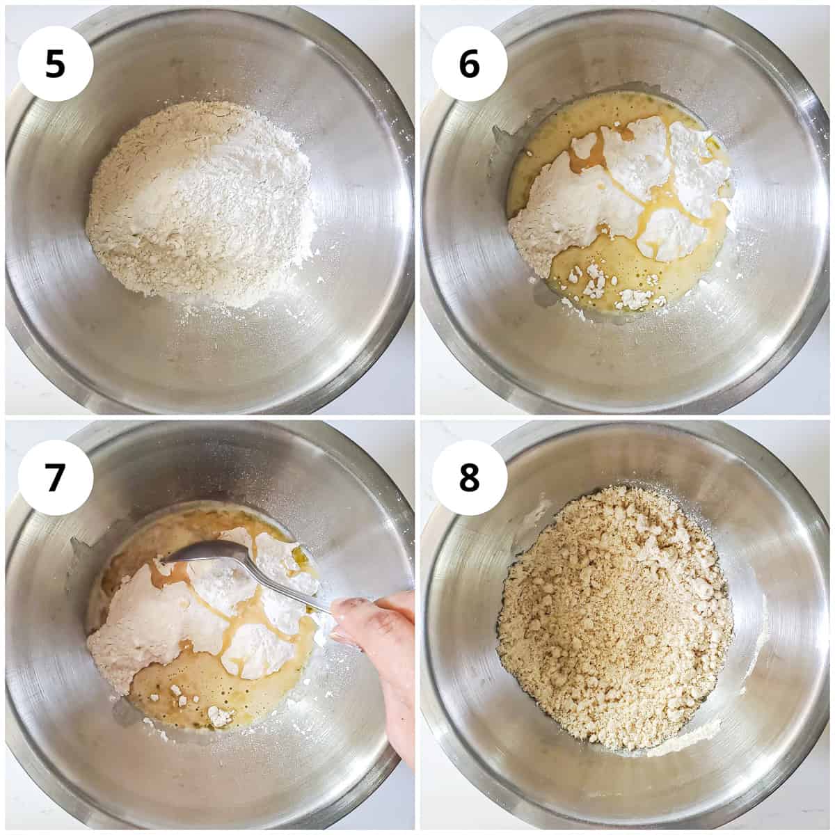 Steps for adding hot ghee to flour, mixing it to make a crumbly texture