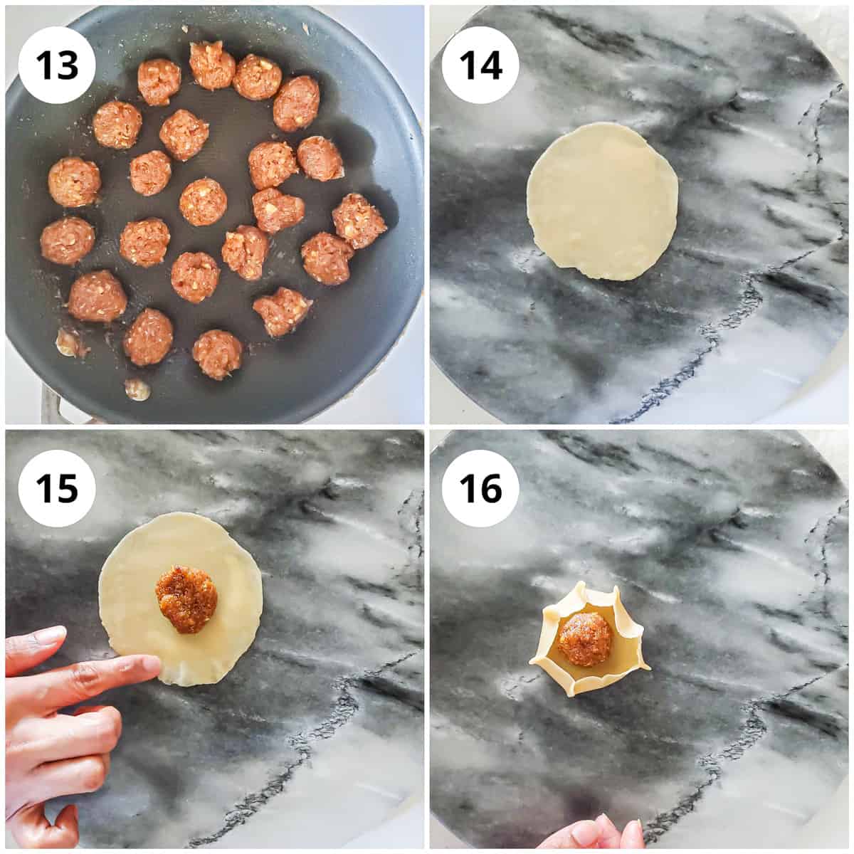 steps for rolling the flour dough ball and fill it with stuffing.
