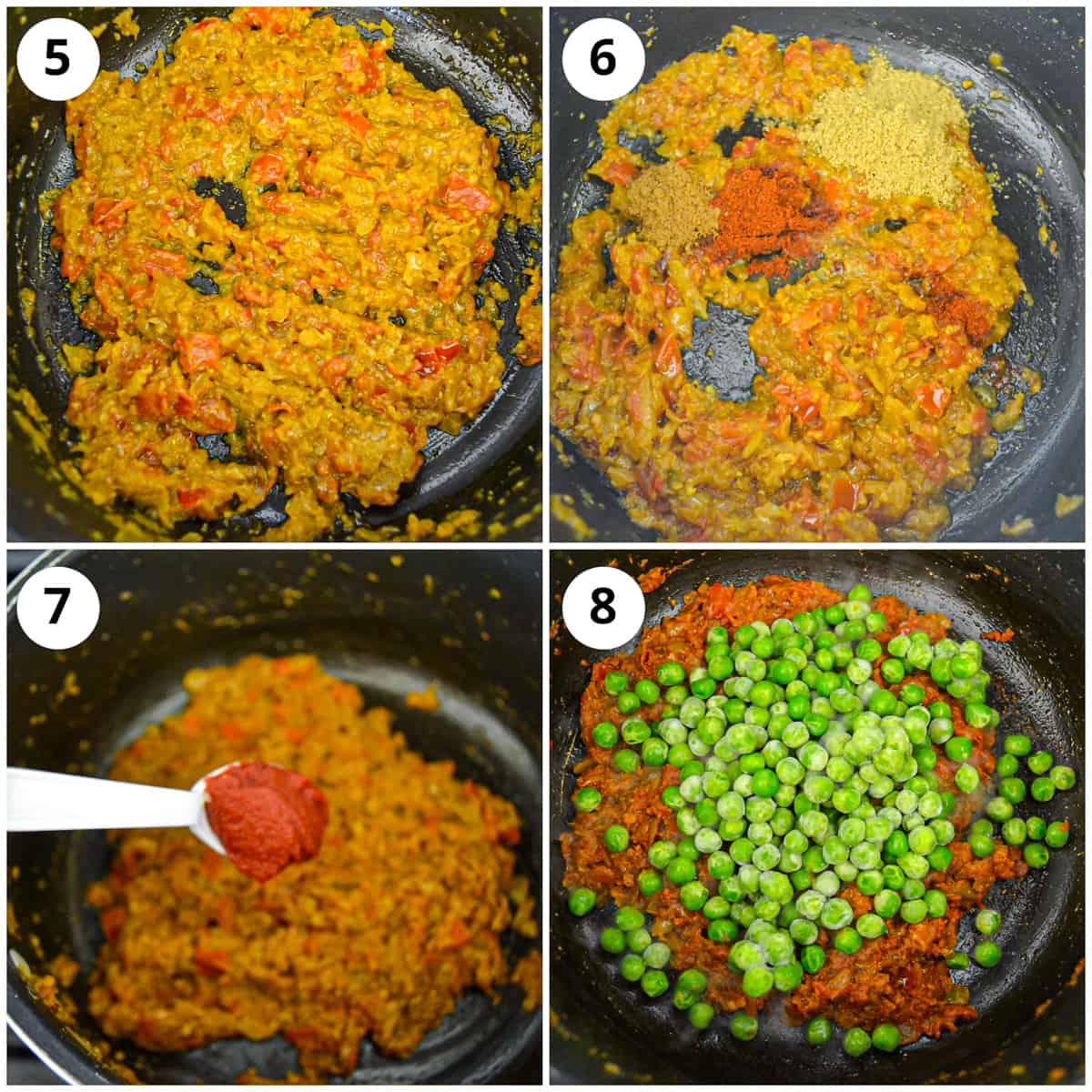 Cooking the curry with the spices and adding the peas