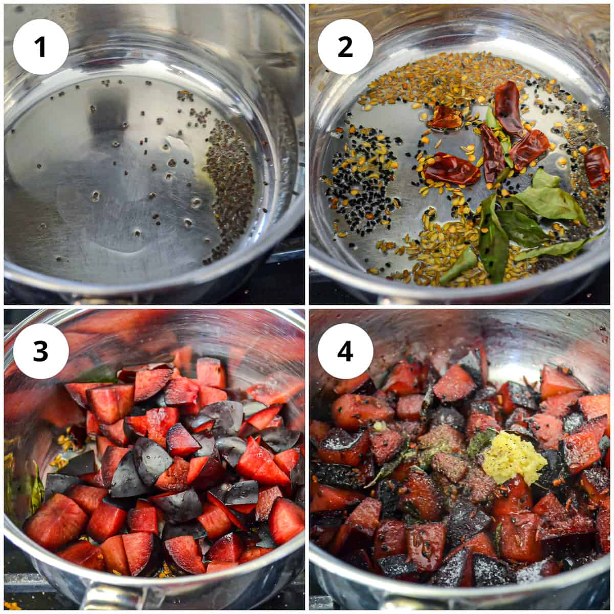 Photos to show heating the spices and start cooking the plums