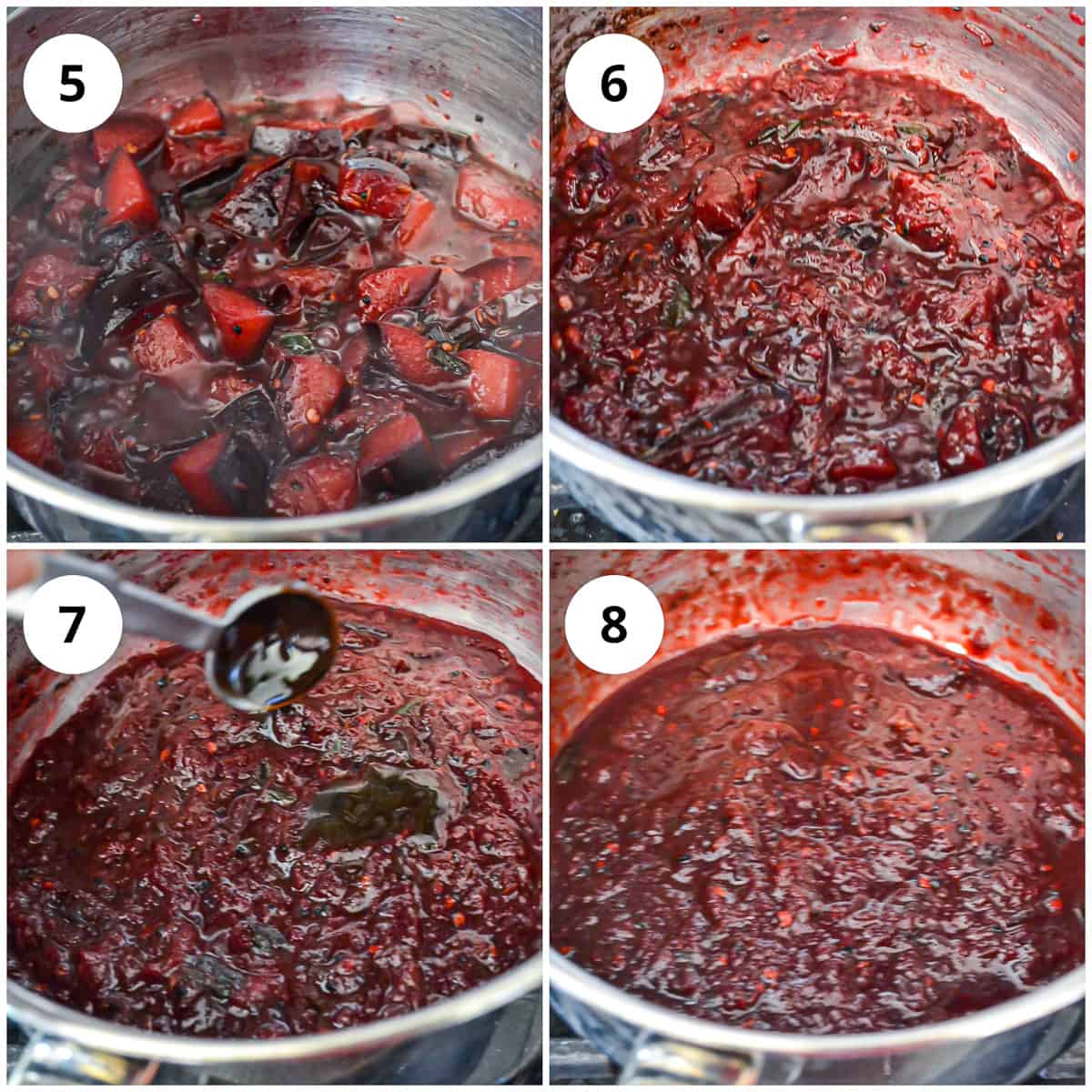 Four photos showing the plum chutney cooks and thickens