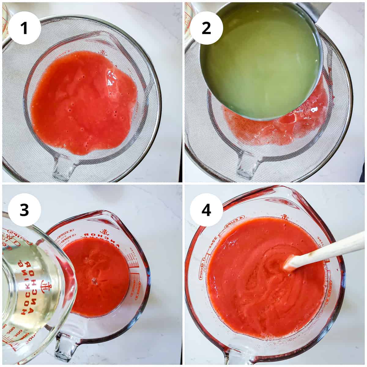 Four photos to show how to make the strawberry lemonade