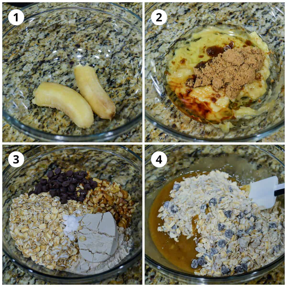 Four photos to show combining of the wet and dry ingredients
