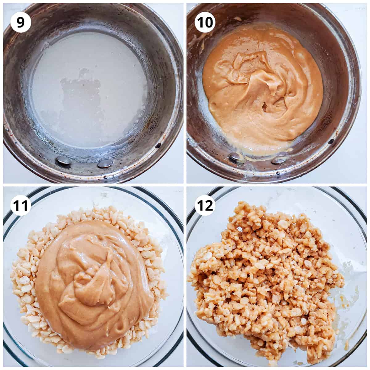 melting sugar corn syrup and peanut butter in a pan and mixing with rice Krispies in bowl 