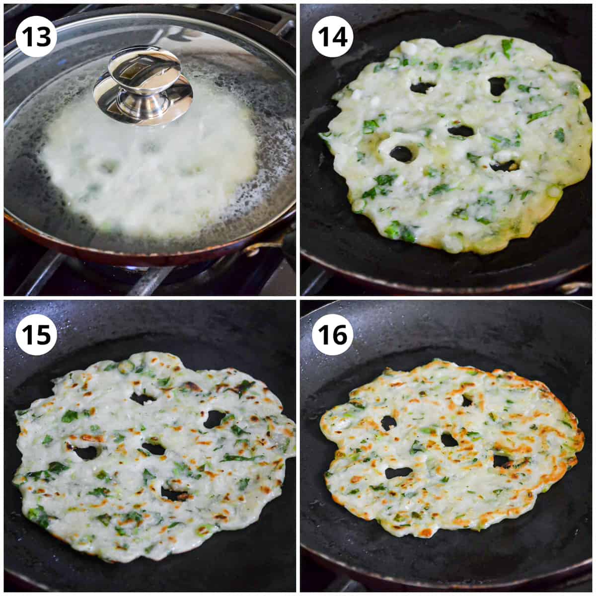 Cooking and flipping the savory pancake in a pan until golden brown.