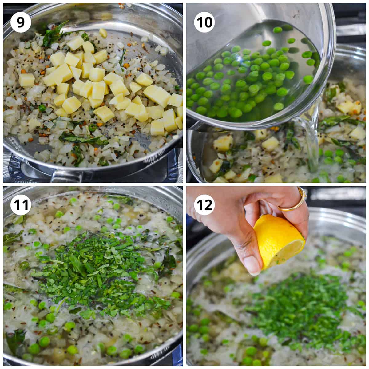 Cooking the potatoes and adding the peas