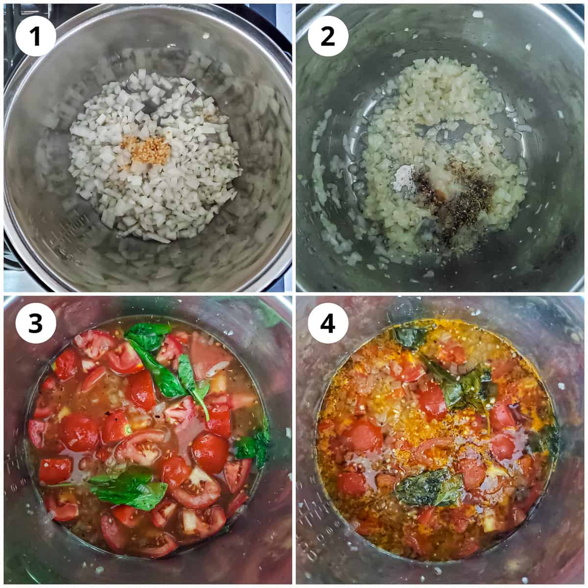 Sauteing onions, garlic, tomatoes, spices and basil leaves in Instant Pot