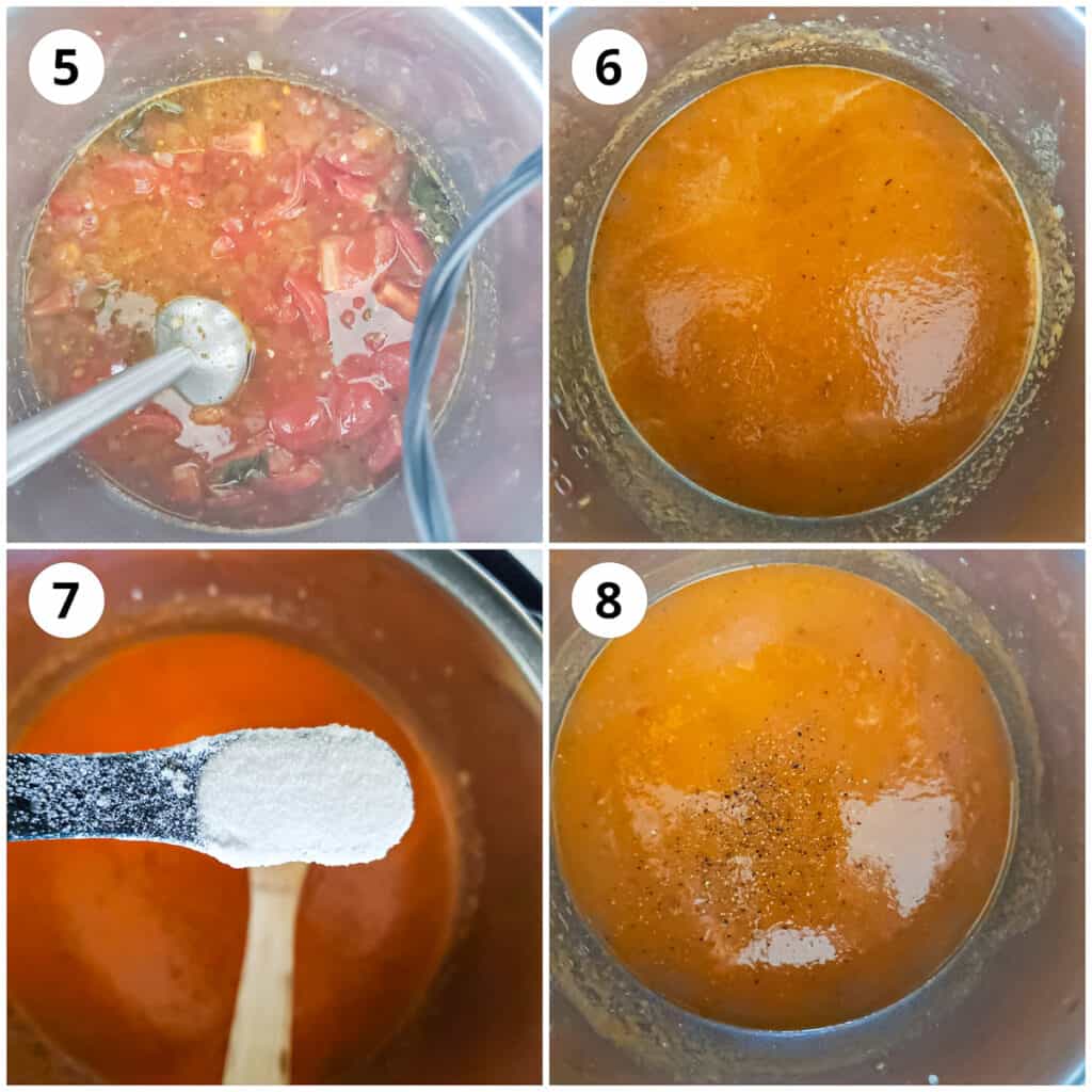 Pureeing tomato basil soup and adding seasoning