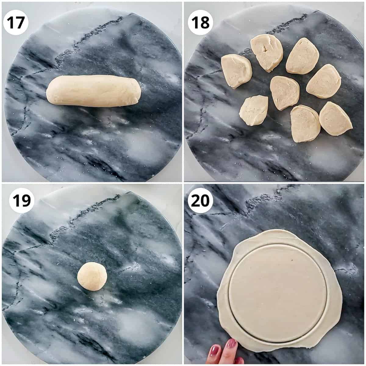 Steps to show dividing dough for karanji and then rolling each portion round