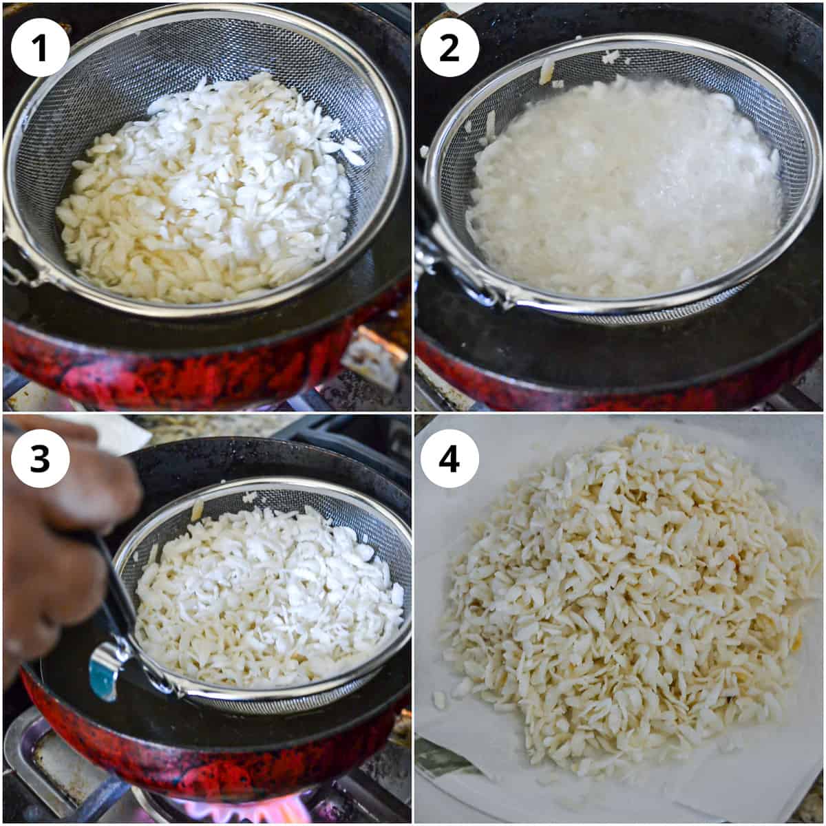 Steps for frying poha using sieve, draining and keeping it on plate