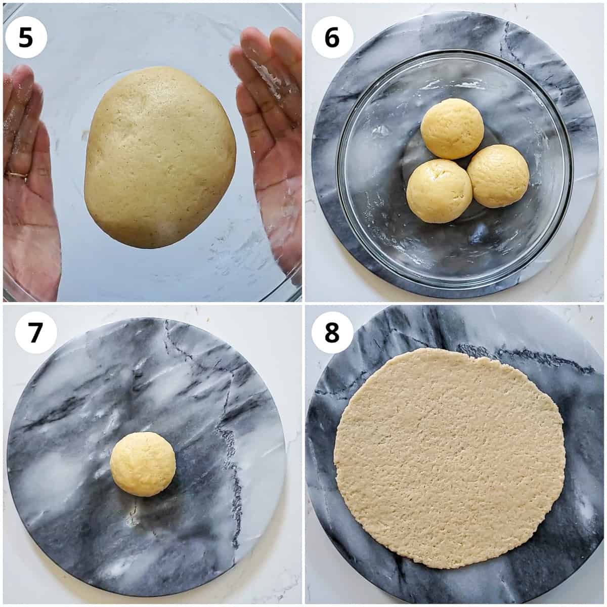 Steps for dividing the shankarpali dough and rolling each part 