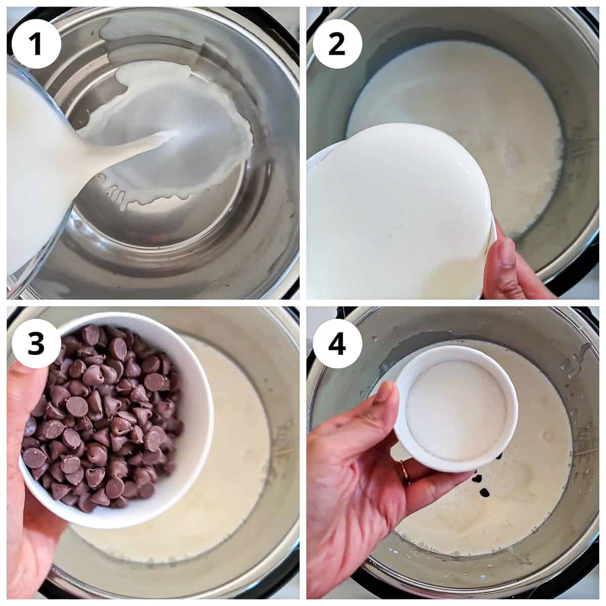 Steps for adding milk, cream, chocolate chips and sugar to Instant pot for hot chocolate