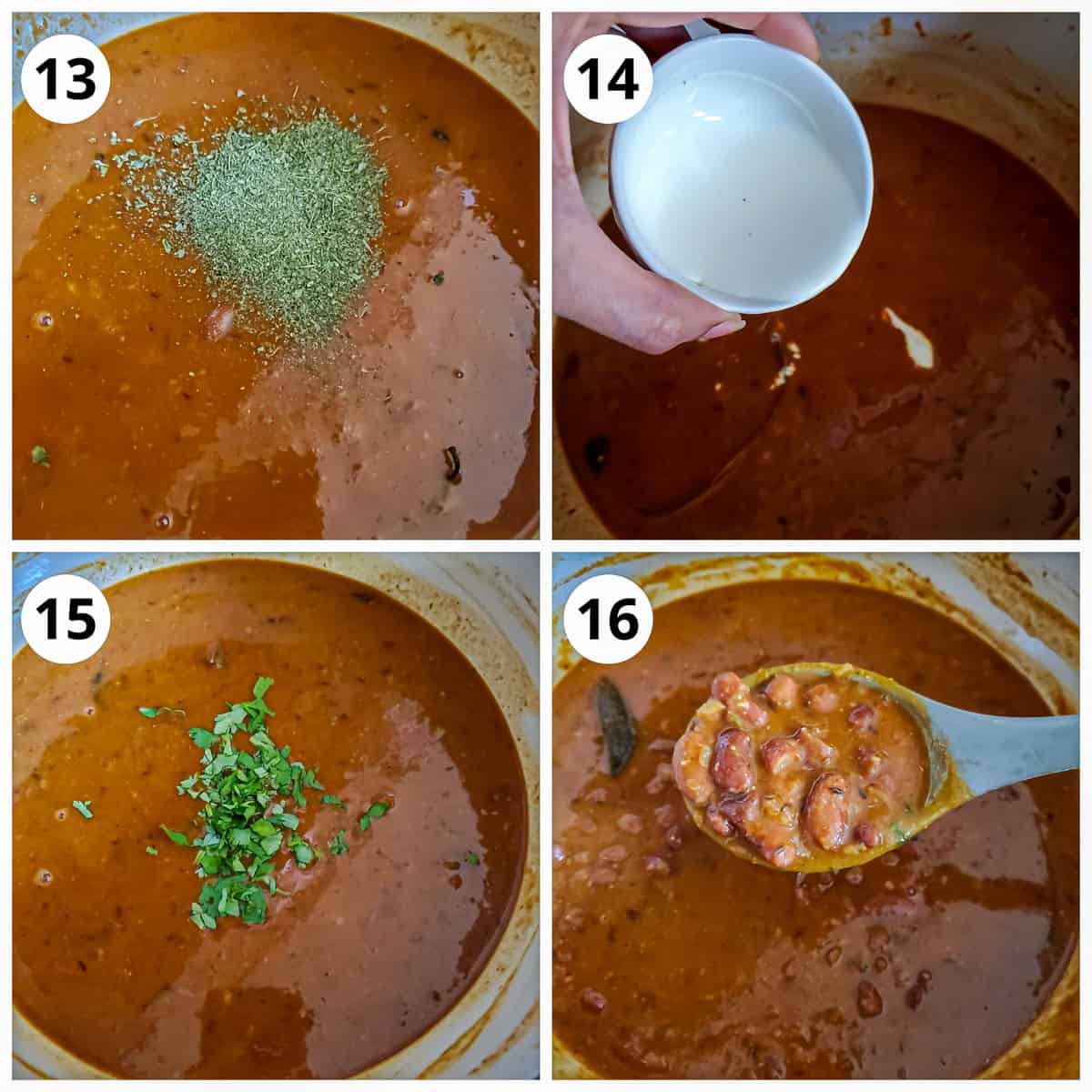 Steps showing adding kasuri methi, cream, cilantro