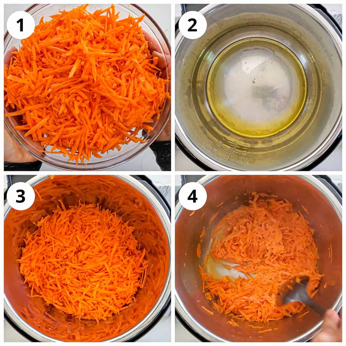 Steps for roasting shredded carrots with ghee to make gajar halwa in Instant pot