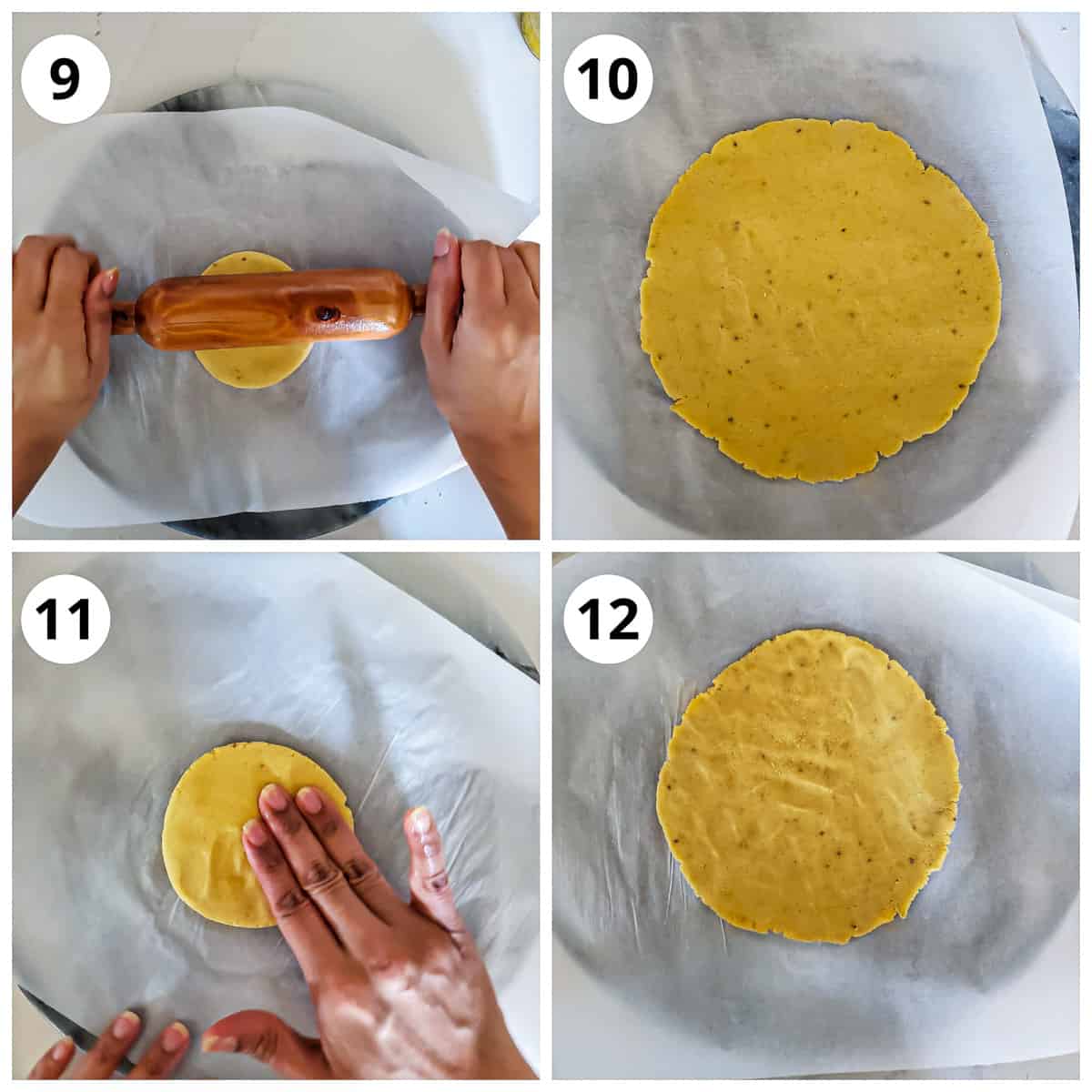 Steps for rolling makki ki roti using rolling pin and hand