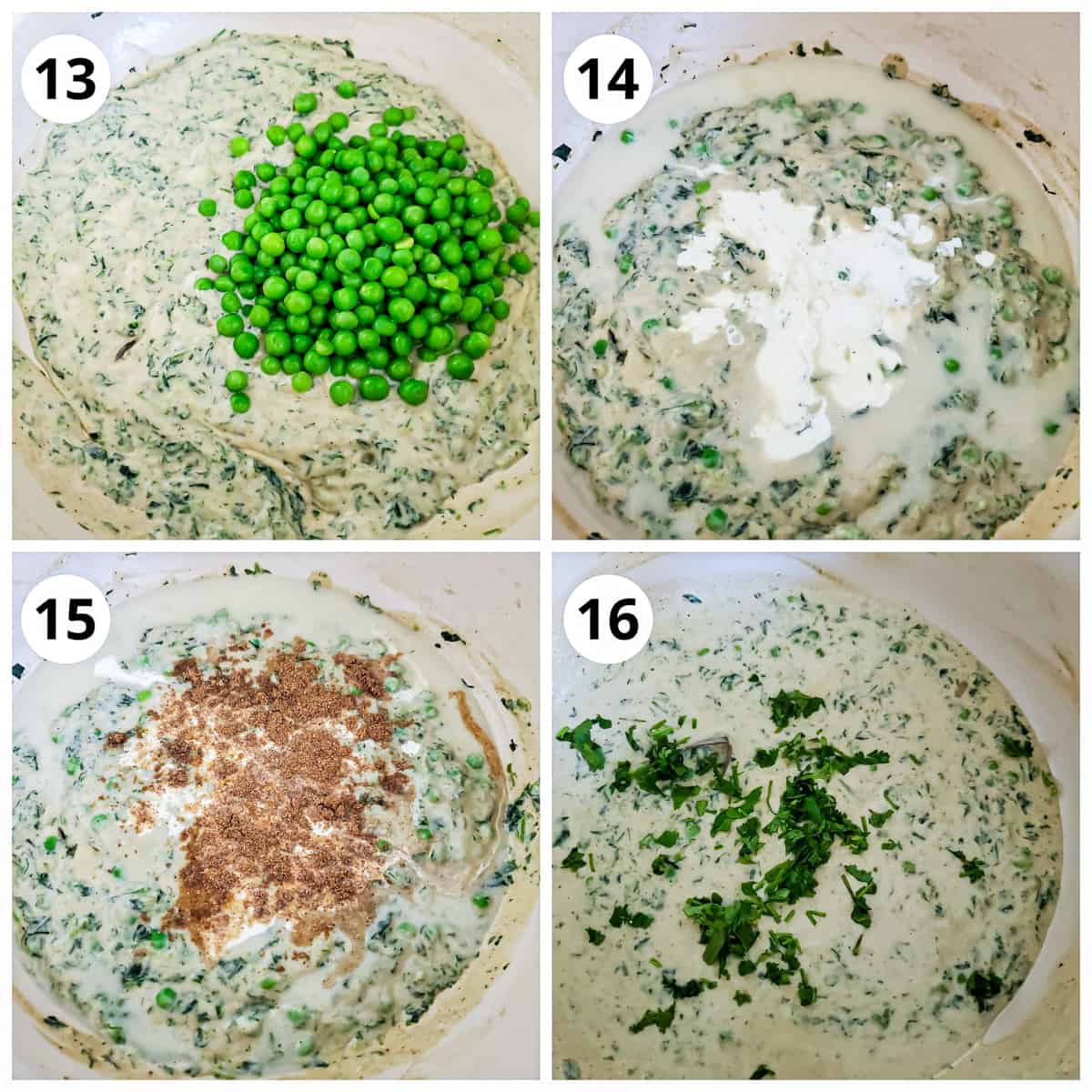 Steps for cooking green peas, cream, garam masala and finishing with cilantro