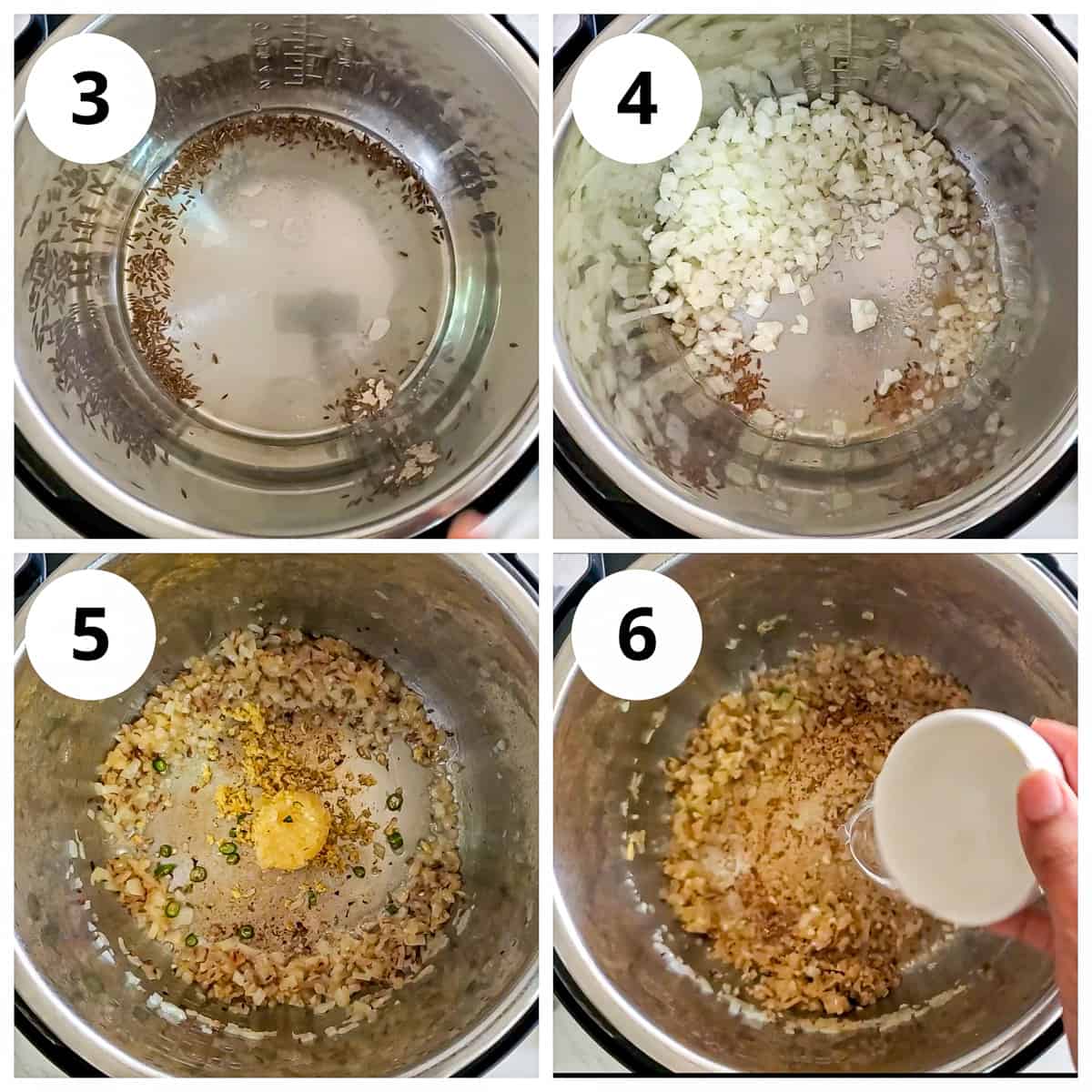 Steps showing sauteing onioon, ginger and garlic for lobia