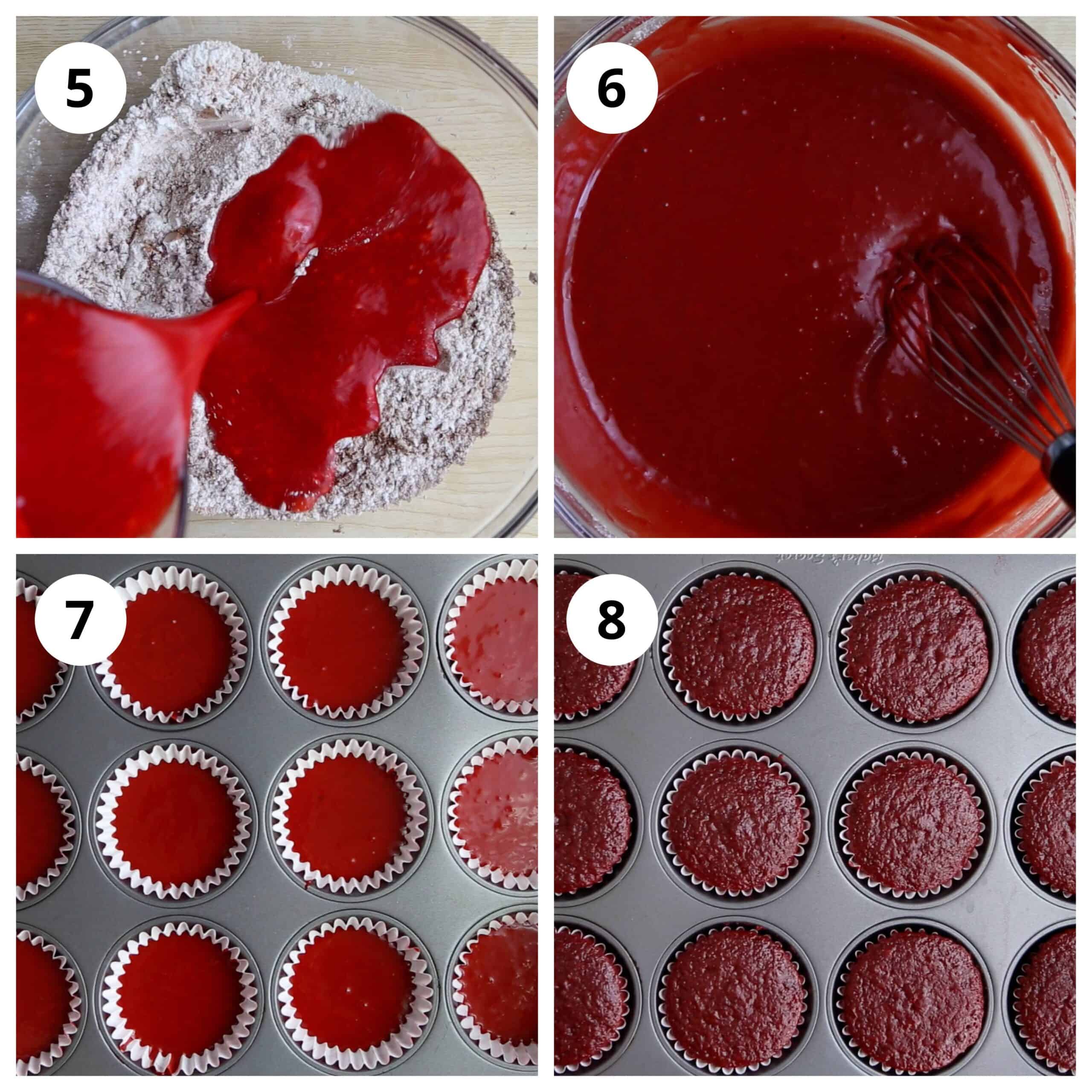 Steps to mix the dry and wet ingredient, pour the batter and bake the cupcakes