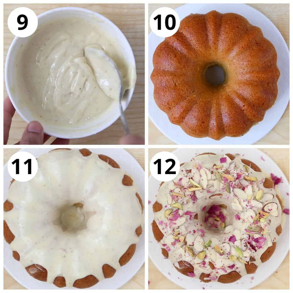 Steps for decorating thandai cake with glaze