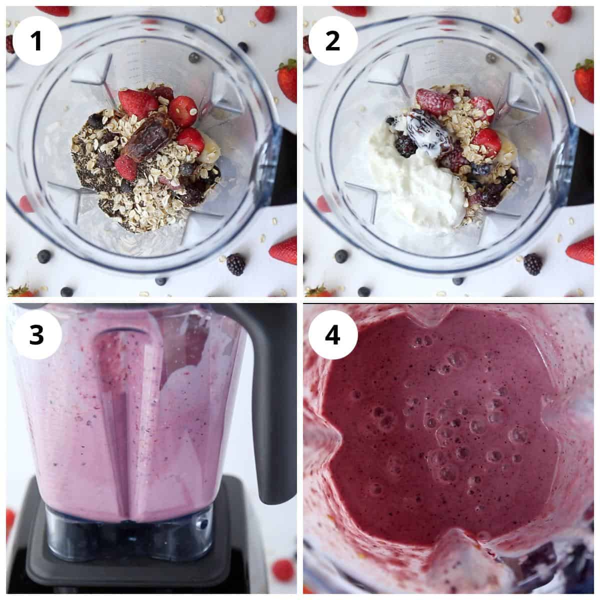 Steps for adding and blending ingredients for Berry Oat smoothie