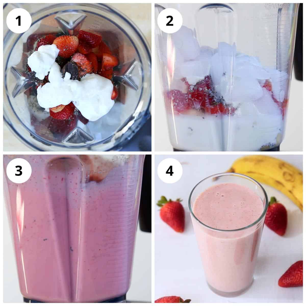 Steps for adding and blending ingredients for Strawberry Banana Smoothie