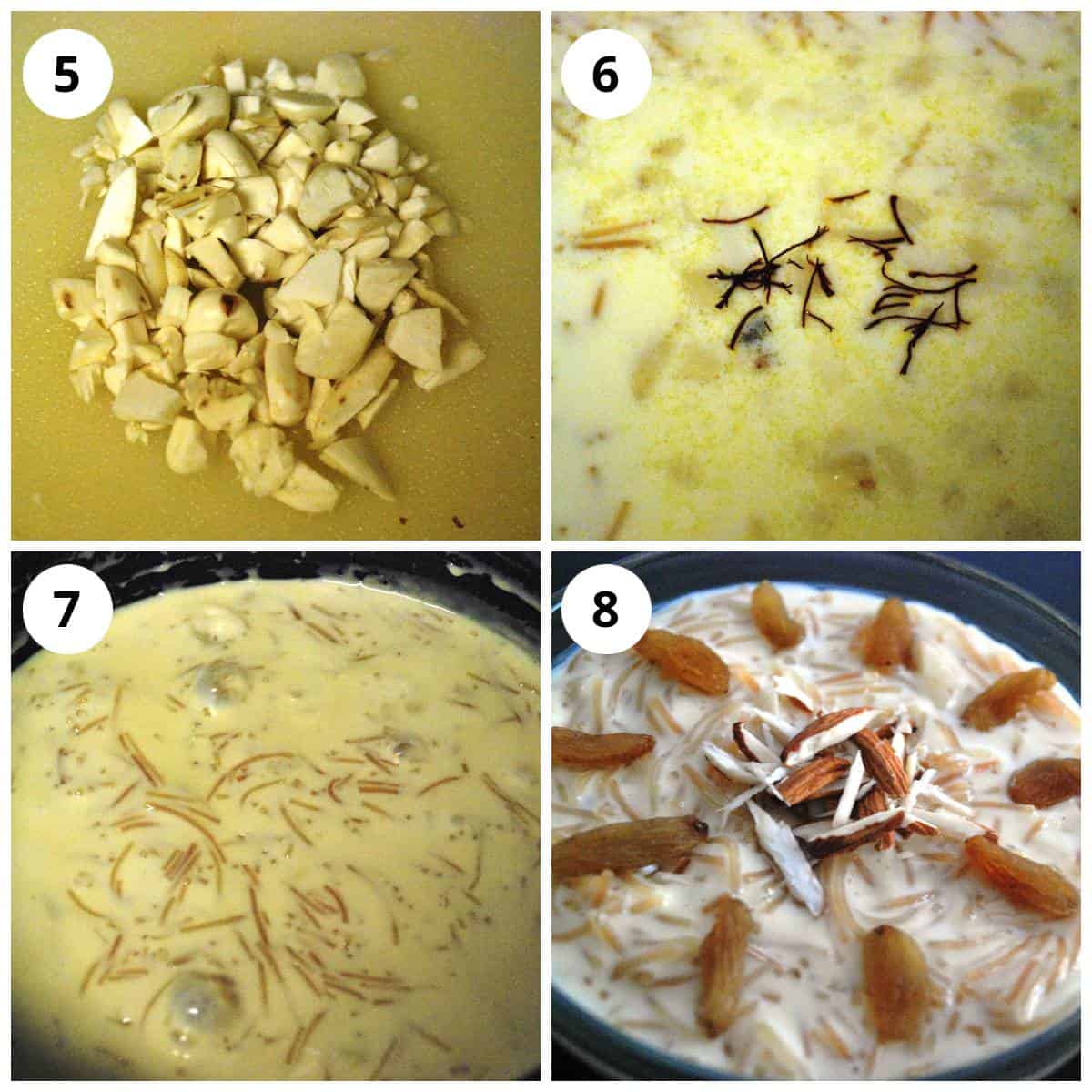 Steps for adding nuts, saffron and simmering the vermicelli kheer on stovetop