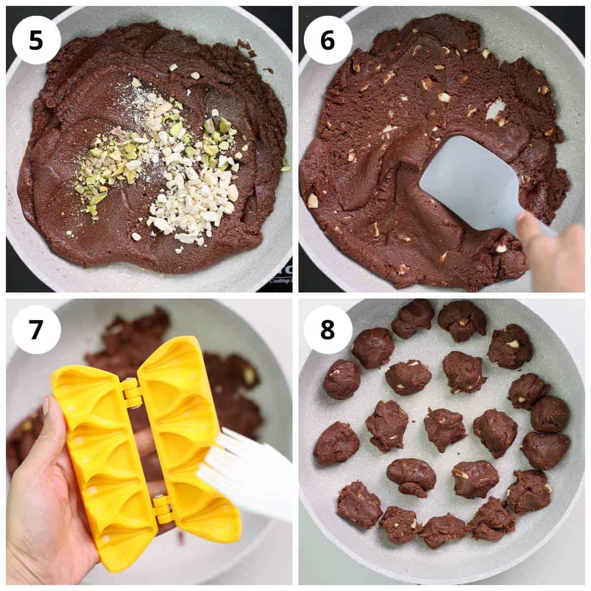 Steps for cooling and shaping the chocolate mawa mixture into chocolate modak