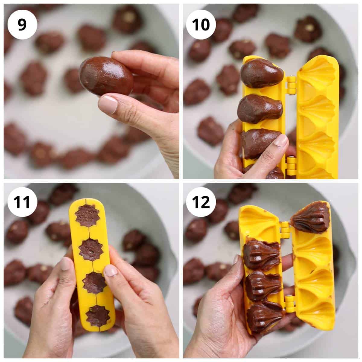 Steps for shaping the chocolate modak using modak mold