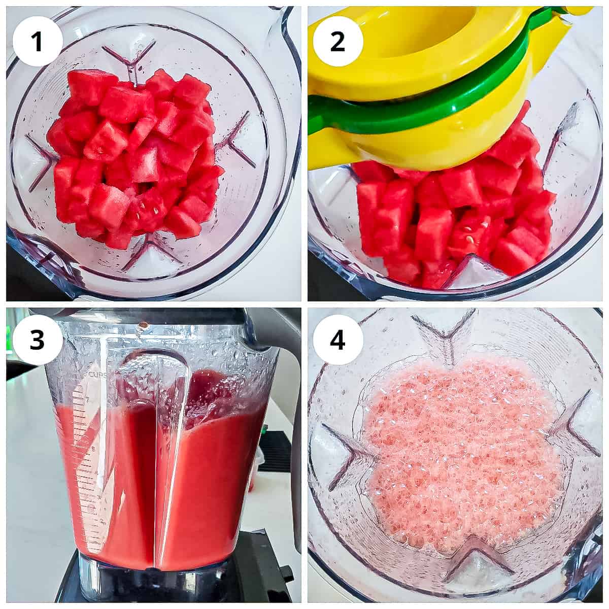Steps showing how to make watermelon juice in a blender