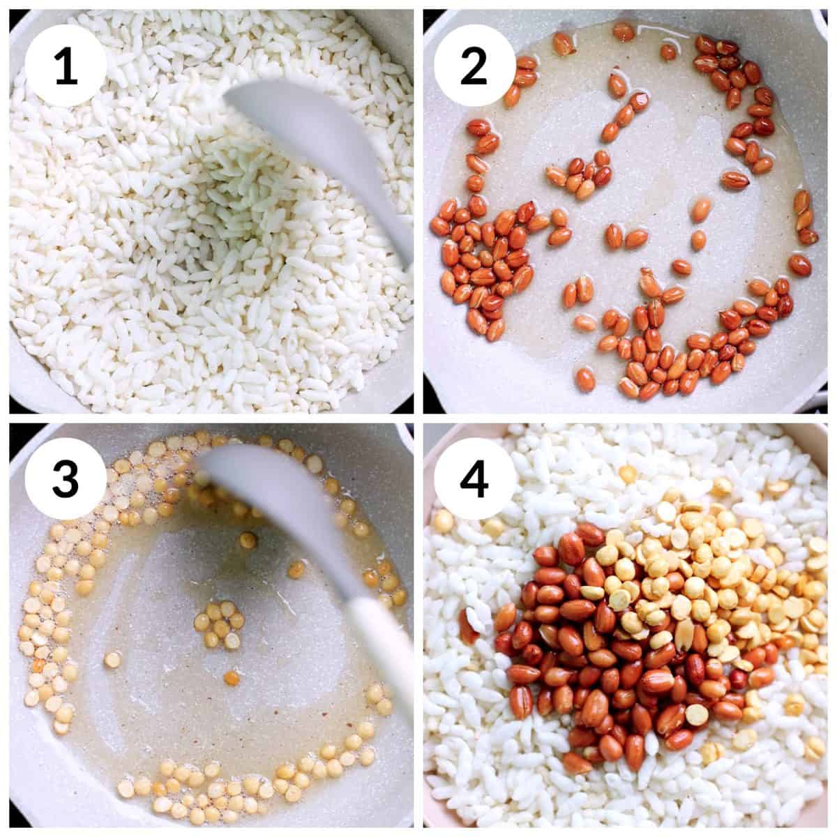Steps for roasting the puffed rice, peanuts and split chickpeas