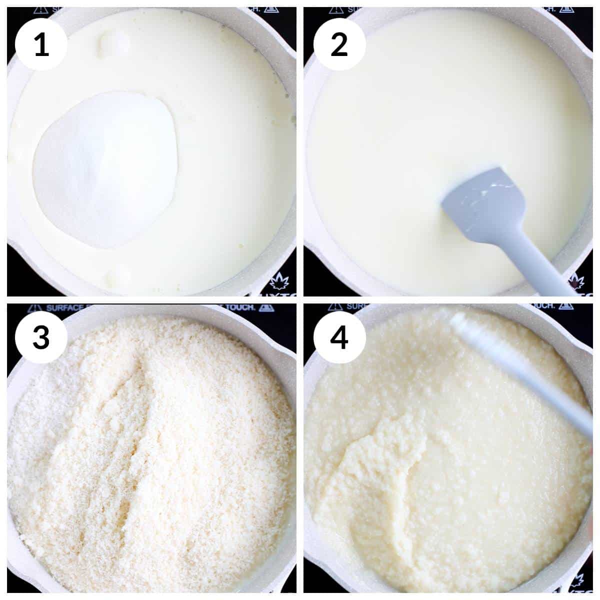 Making Coconut burfi mixture by mixing Mixing cream, milk, sugar and desiccated coconut