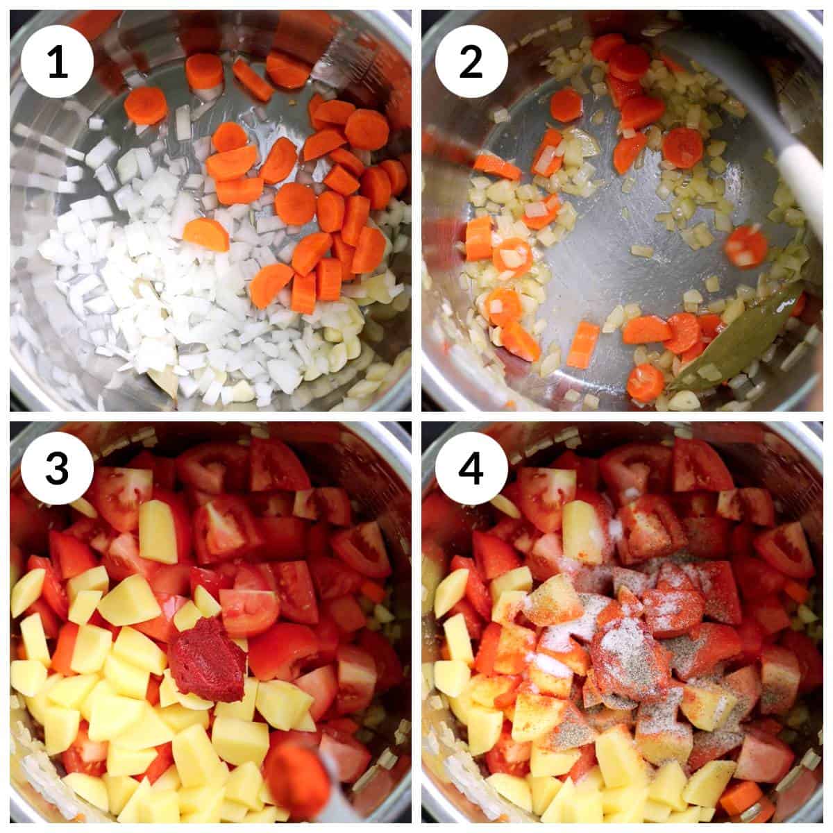 Steps for adding veggies and spices to the Instant Pot to make creamy vegan tomato soup