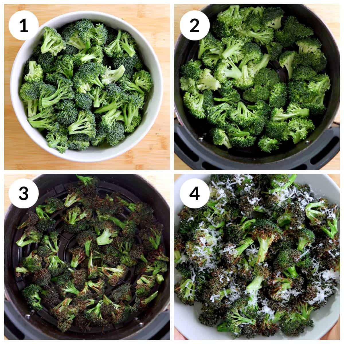 Steps showing how to make roasted broccoli in an air fryer
