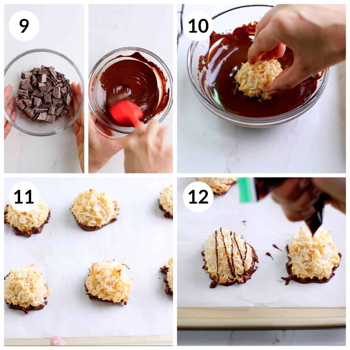 Steps for dipping eggless coconut Macaroon in chocolate